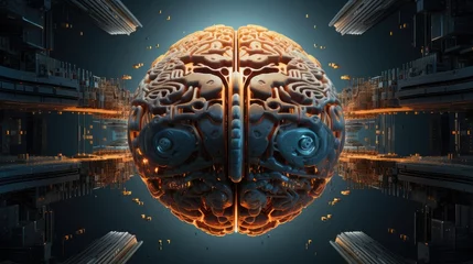 Fototapeten futuristic concept art of human brain integrated with advanced computer circuitry showcasing artificial intelligence and machine learning capabilities in a high-tech environment © StraSyP