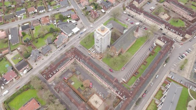 Undergoing Renovation of the Sct. Johannes Church Tower in Herning - Aerial Orbital