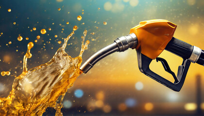 oil and gas pump nozzle, liquid flowing out, splashing liquid in the background blurred; petroleum and gasoline concept - obrazy, fototapety, plakaty