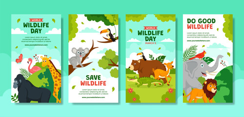 Wildlife Day Social Media Stories Flat Cartoon Hand Drawn Templates Background Illustration