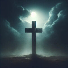 A moody illustration of a cross, set in a dimly lit, foggy environment. The cross is old and weathered, standing alone in the center of the image
