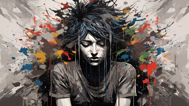 emotionally charged portrait in ink splatter style. visually striking representation of sadness and depression in women for stock photography