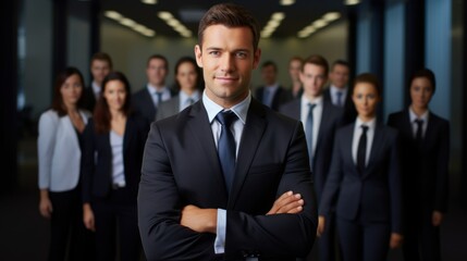 Happy businessman with friendly smile in business suit poses with team in office.