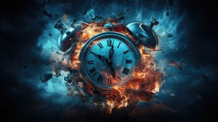 explosive moment captured with burning clock and floating fragments. artistic image symbolizing time passing, historical moments, and urgent deadlines for editorial use - obrazy, fototapety, plakaty
