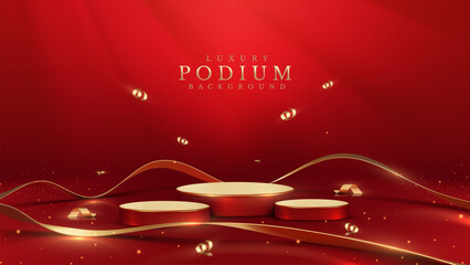 Red product display stand with gold ribbon and glittering light effect decorations. Red luxury background.