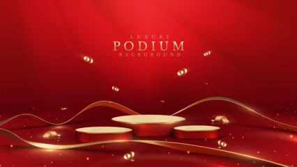 Fotobehang Red product display stand with gold ribbon and glittering light effect decorations. Red luxury background. © witsanu