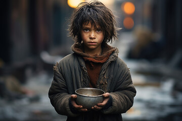 Portrait of a poor staring hungry orphan boy in a refugee camp with a sad expression on face full of struggling. Holds empty bowl plate. War social crisis problem issue help charity donation concept
