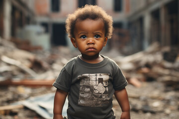 African toddler baby in dirty jacket looking at ruins of bombed destroyed house building due to war...