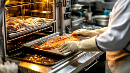 Chef taking out rack with sea bass fish, lemon and thyme from oven, closeup. AI Generative - obrazy, fototapety, plakaty