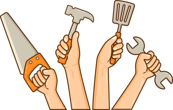Raise Hands Holding Labor Tools, Labor Day Equipment