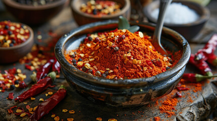 Red chili pepper powder in a bowl - obrazy, fototapety, plakaty