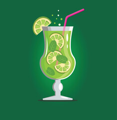 Glass with green mojito cocktail with lime and mint on a dark green background