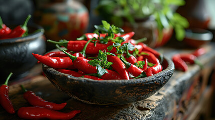 Red Hot Chilli Peppers in a wooden bowl on an old wooden background