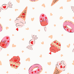 Ice creams surrounded by hearts in a color palette of red,pink,beige on an off white background forming a seamless vector pattern. Great for homedecor,fabric,wallpaper,giftwrap,stationery,packaging.