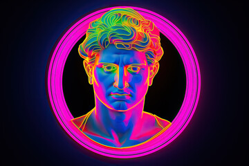 Cyberpunk Vaporwave Neon Statue Head Collection - A Striking Blend of Retro and Futuristic Aesthetics, Featuring Neon-Illuminated Statue Heads with Cybernetic Features, Generated AI