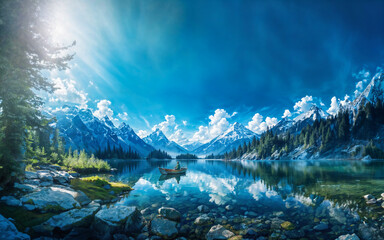 青空と湖の釣り人