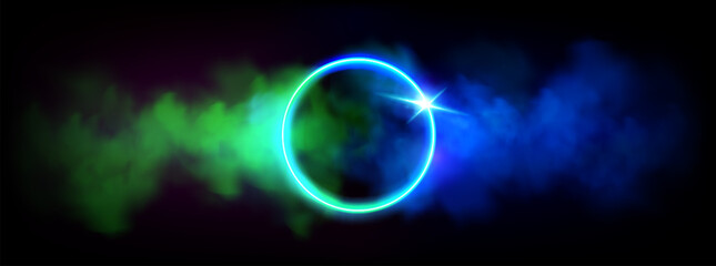 Neon luminous ring frame with blue and green gradient cloud or smoke and sparkle. Realistic vector led light circle with glowing fog on dark background. Magic futuristic surreal game portal with haze