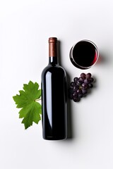 Top view of a bottle and glass of wine isolated on a white background. Copy space for your text