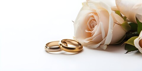 Wedding rings with rose arrangement with plain background