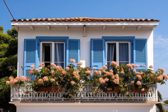 Blue louvered window shutters on a white house