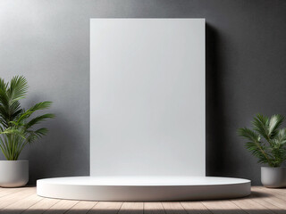 Podium, pedestal, platform, modern empty podium, mockup grey background. Generative AI.