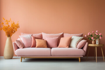 Room interior. Sofa with pillows against the wall. Room design in trendy colors 2024. Color of the year 2024 - Peach Fuzz.