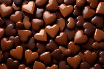 Chocolate background with heart-shaped chocolates on brown background