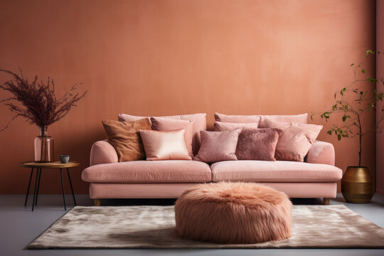 Room interior. Sofa with pillows against the wall. Room design in trendy colors 2024. Color of the year 2024 - Peach Fuzz.