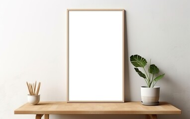 Blank wooden picture frame mockup on off white wall in modern interior. Vertical artwork template mock up for artwork, painting, photo or poster in interior design with green plants. AI Generative.