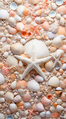 Obraz premium A variety of colorful seashells and starfish arranged on sandy texture, showcasing marine diversity.