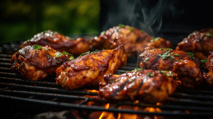 Close-up of barbecue chicken being grilled to perfection on a barbecue with an open flame, garnished with herbs.