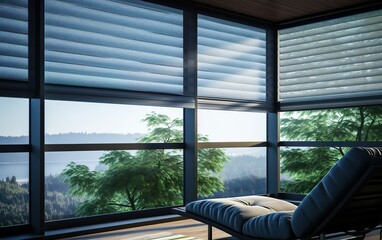 Beautiful blurred view background with a chair. Close-up of automated blinds, with view of the outdoors visible behind them. Interior design poster. AI Generative.