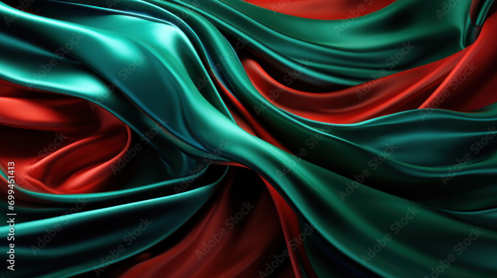 Aufkleber elegant waves of red and green satin fabric with a smooth, shiny texture creating an abstract luxuri