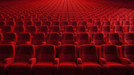 An empty cinema theater filled with red seats, presenting a neat arrangement of seating rows awaiting an audience.