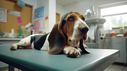 A sad-looking Basset Hound dog lying down on a veterinarian examination table, with medical equipment in the background. - obrazy, fototapety, plakaty