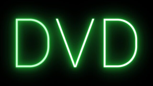 Flickering neon green glowing dvd text animated on black background