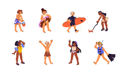 Children in swimsuits set. Happy kid diving, surfing. Girl with swimming inflatable circle. Child plays with crab on beach. Boy rejoices to summer vacation. Flat isolated vector illustration on white