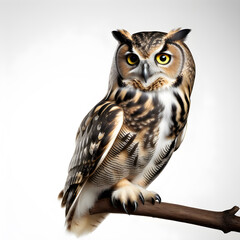 Owl perched on a branch isolated on white background. ai generative