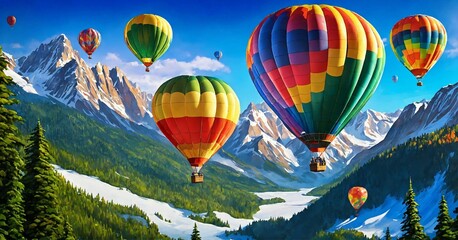 Obraz premium Balloons are flying in the mountains. Colorful hot air balloons float over mountain with blue sky.
