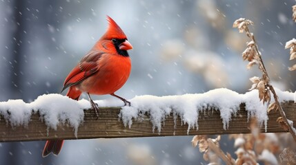 A detailed portrayal of a cardinal perched on a snow-covered fence post, capturing the crispness of a winter morning - obrazy, fototapety, plakaty