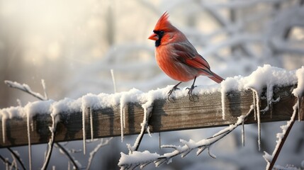 A detailed portrayal of a cardinal perched on a snow-covered fence post, capturing the crispness of a winter morning - obrazy, fototapety, plakaty