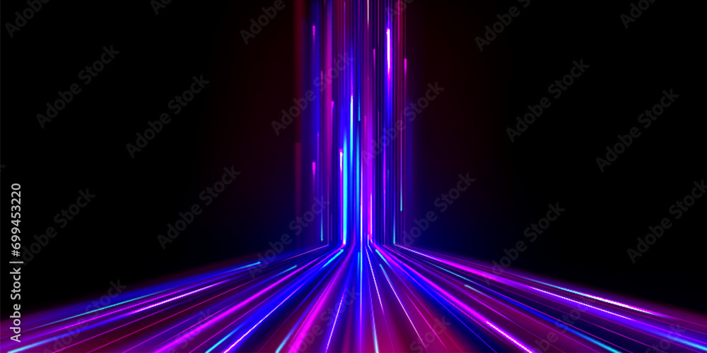 Poster neon glowing fiber with high speed motion effect. blue and purple line streaks of data network or en