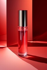 Cosmetic advertising photo, red transparent vertical cylindrical glass container, dramatic and strong light, impressive red shadow, background with shining light, true overhead view