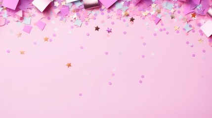 Festive celebration: colorful confetti and sparkles on pink pastel background. Vibrant holiday frame, joyful atmosphere. Flat lay with copy space for your design