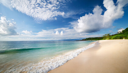 Fototapeta na wymiar tropical beach scene: azure ocean, sunny sky, and sandy shore, evoking relaxation and serenity
