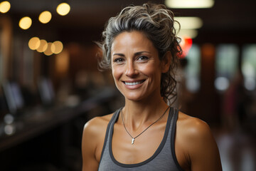 Mature woman standing in a fitness studio. 