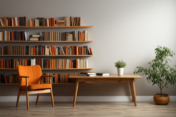 Reading room with bookshelf, chair, colorful books on wooden shelf books.