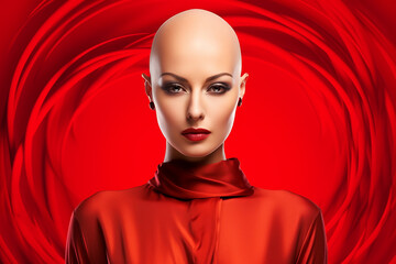 Studio portrait of beautiful bald woman on colour background