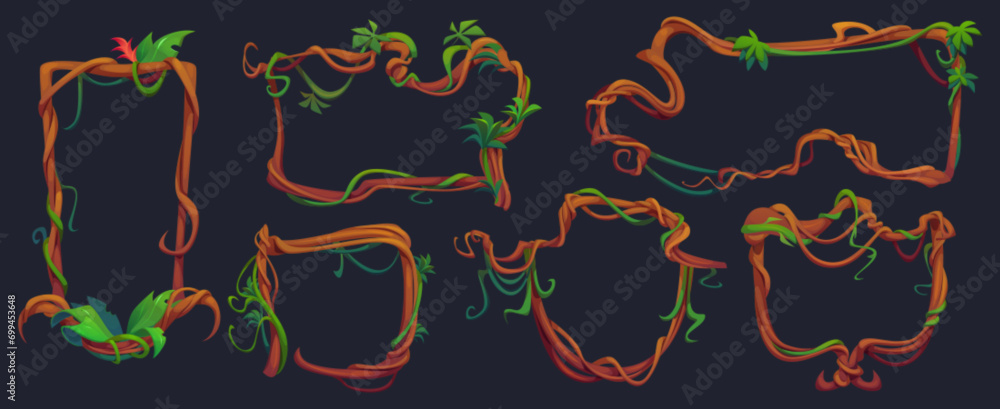 Poster frames and borders made of liana twisted and tangled branch with green leaves. cartoon vector rain f