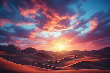 Sunset over the sand dunes landscape with cloud sky background. 